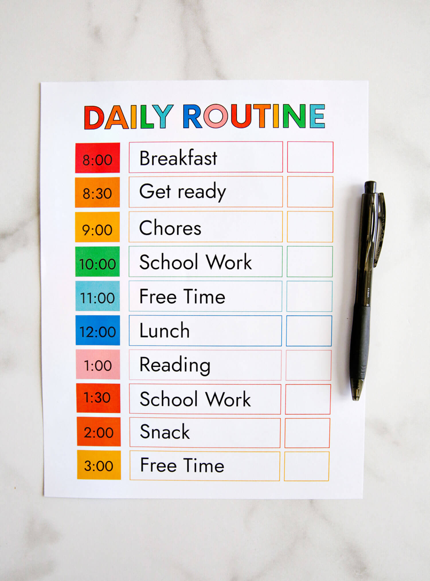 free printable daily school schedule